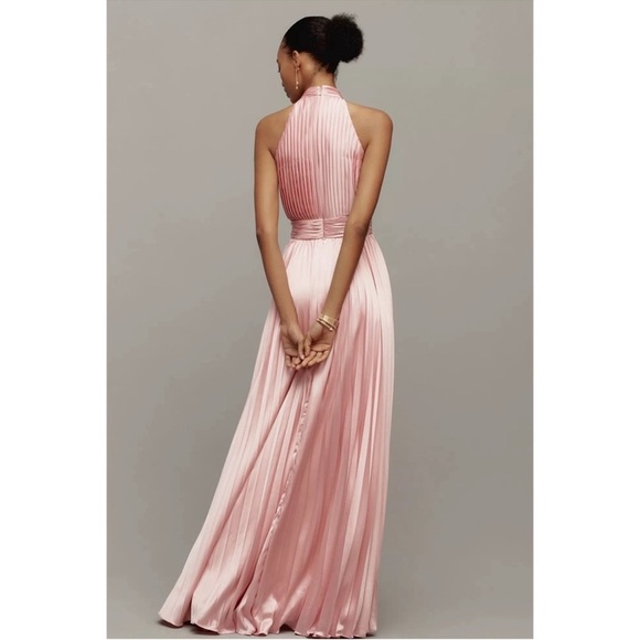 ANTHROPOLOGIE Mac Duggal Pink Pleated Satin Halter Maxi Dress Gown 8 NWT Formal - Picture 8 of 12